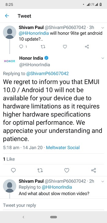 No Android 10 based EMUI 10 fro Honor 9 Lite