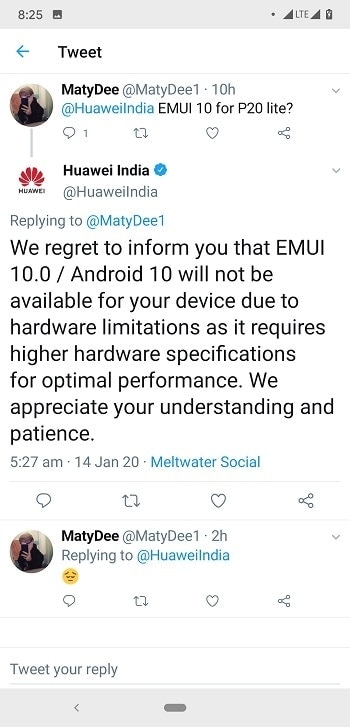 No Android 10 based EMUI 10 for P20 Lite