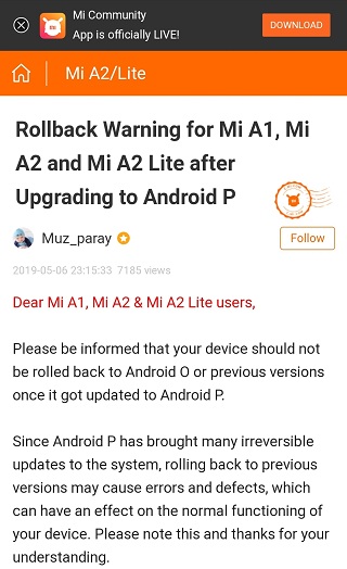 Xiaomi Mi A2 & A3 Warning