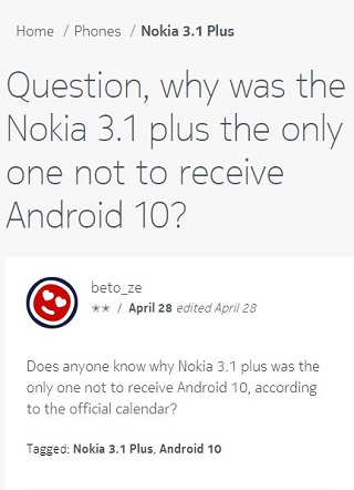 Nokia 3.1 Plus Android 10 Update