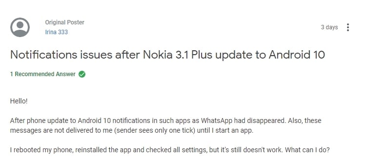 Nokia 3.1 Plus android 10 notification issue