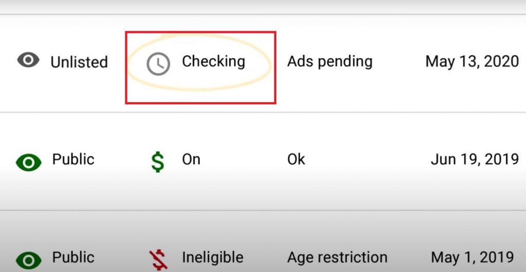 Checking Indicator on YouTube Studio